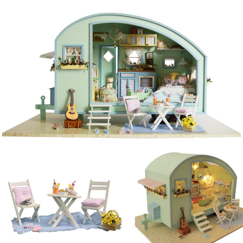 CUTEROOM DIY Miniature Wooden Caravan Dollhouse Kit with Furniture - Creative Mini Doll House Craft for Adults, Teens - Perfect Christmas Birthday Gift - Image 1